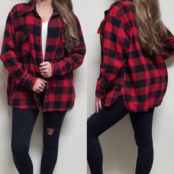 VINTAGE 60s Grunge Sears Kings Road Shop Wool Linen Red Plaid Button Up Shacket - Picture 1 of 15